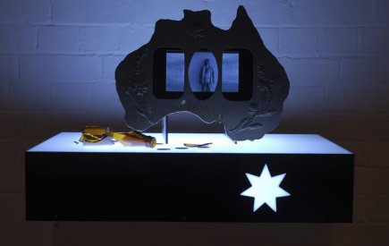 Screen Idol (Australiana) Wake Up and Puke, Acrylic lightbox material, glass , coins , timber, LCD screen, DVD video with sound, H 15cm W 70cm D 55cm, 2006